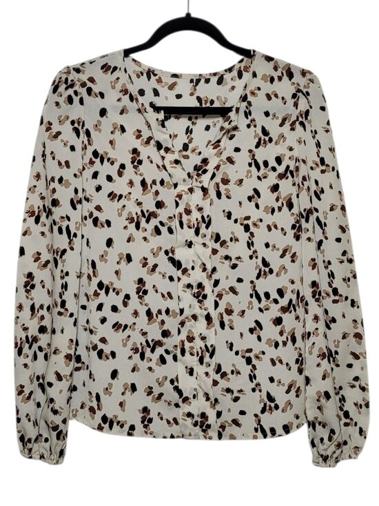 Emery Rose Tops - Emery Rose Allover Print Notched Neck Blouse Neutral Leopard Lantern Sleeve Top